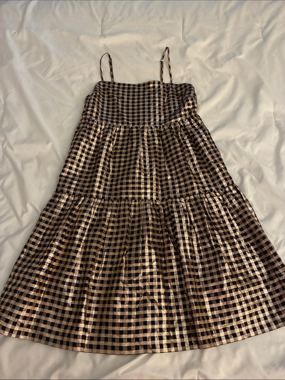 J. Crew Spaghetti Strap Gingham Tiered Dress in Black and Gold